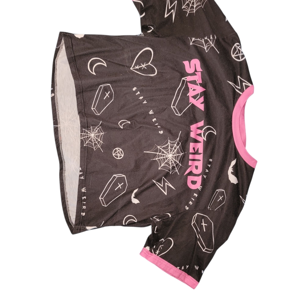 Aka AISLIN 'STAY WEIRD' Crop Top with Rainbow and Gothic Print